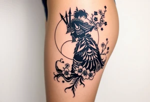 noble samurai warrior silhouette at sunset with cherry blossoms tattoo idea