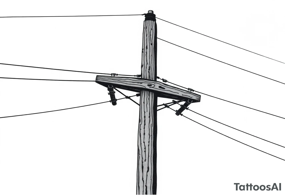 a wooden 12kv distribution pole with electrical lines. Make the pole a cross that has a hidden resemblance to god. tattoo idea