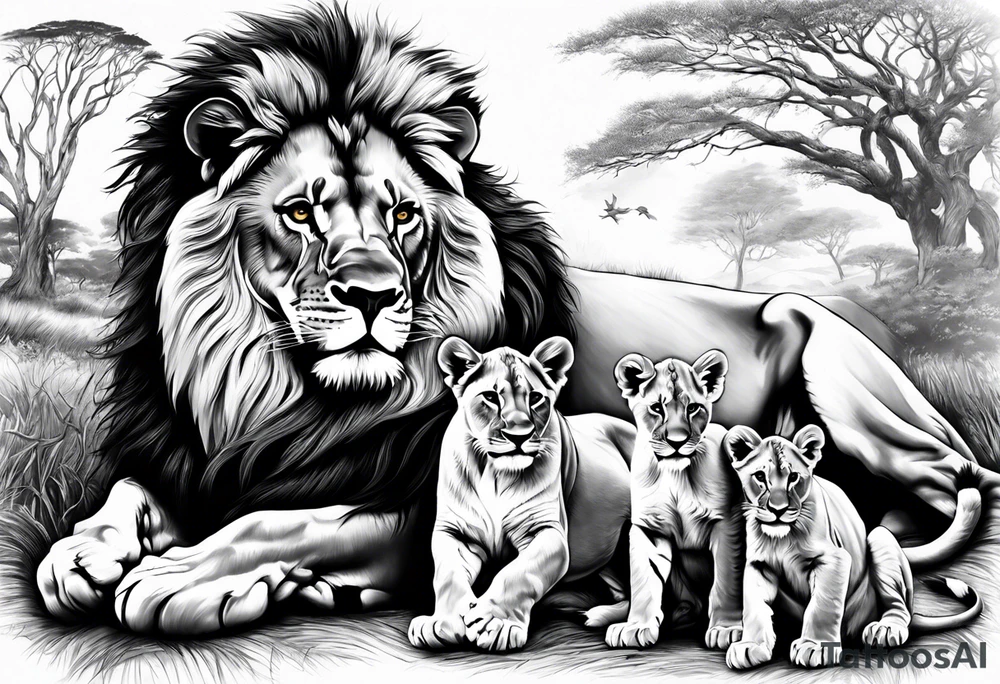 Full sleeve tattoo depicting a large lion protecting his lioness and 6 lion cubs. Background should depict a safari scene tattoo idea