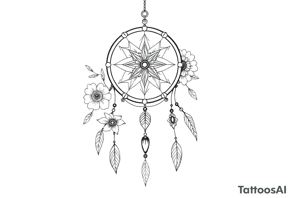 Boho dream catcher with compass and anchor Beautiful flowers and an ornamental chandelier like look tattoo idea