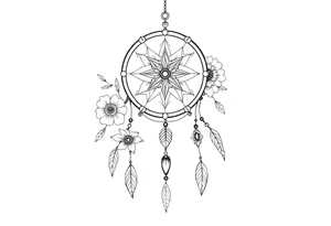 Boho dream catcher with compass and anchor Beautiful flowers and an ornamental chandelier like look tattoo idea