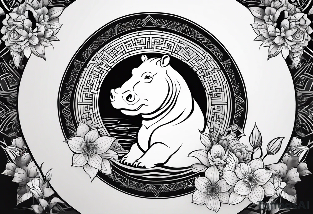 Very asymmetrical, +geometric pattern, with realistic full moon, with seeious looking hippo, +zen feel, + Buddhism touch, +tribal, +geometric
with wintersweet flower bud, +portrait orientation, +inkart touch, tattoo idea
