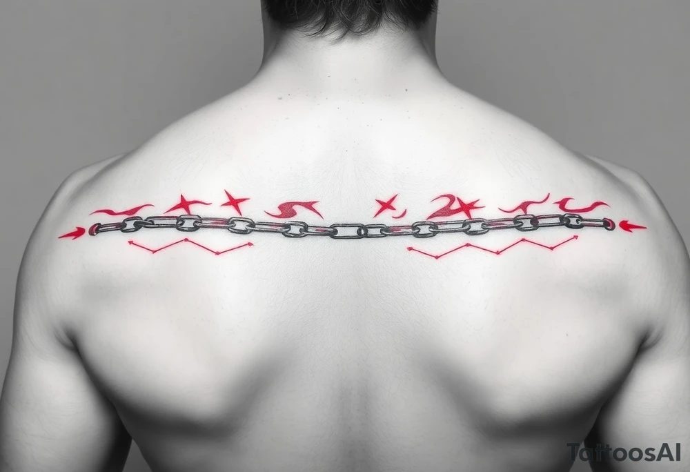 Red burn-like 6 chains scars going across the whole forearm horizontally tattoo idea