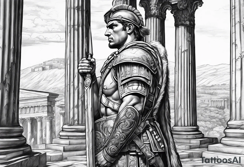 Roman solider looknig at pillars in background tattoo idea