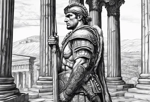 Roman solider looknig at pillars in background tattoo idea