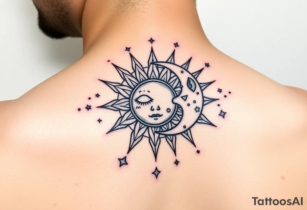 celestial sun and moon embrace with constellation patterns tattoo idea