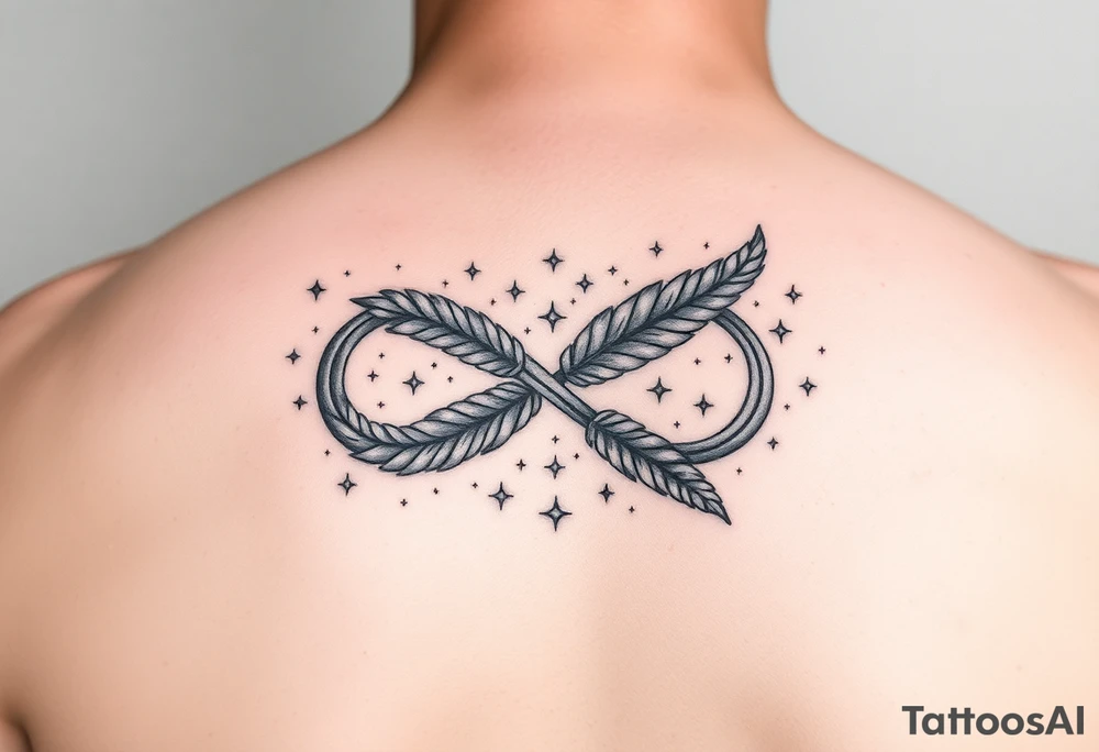 infinity symbol woven with floating feathers and stardust tattoo idea