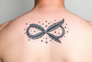 infinity symbol woven with floating feathers and stardust tattoo idea