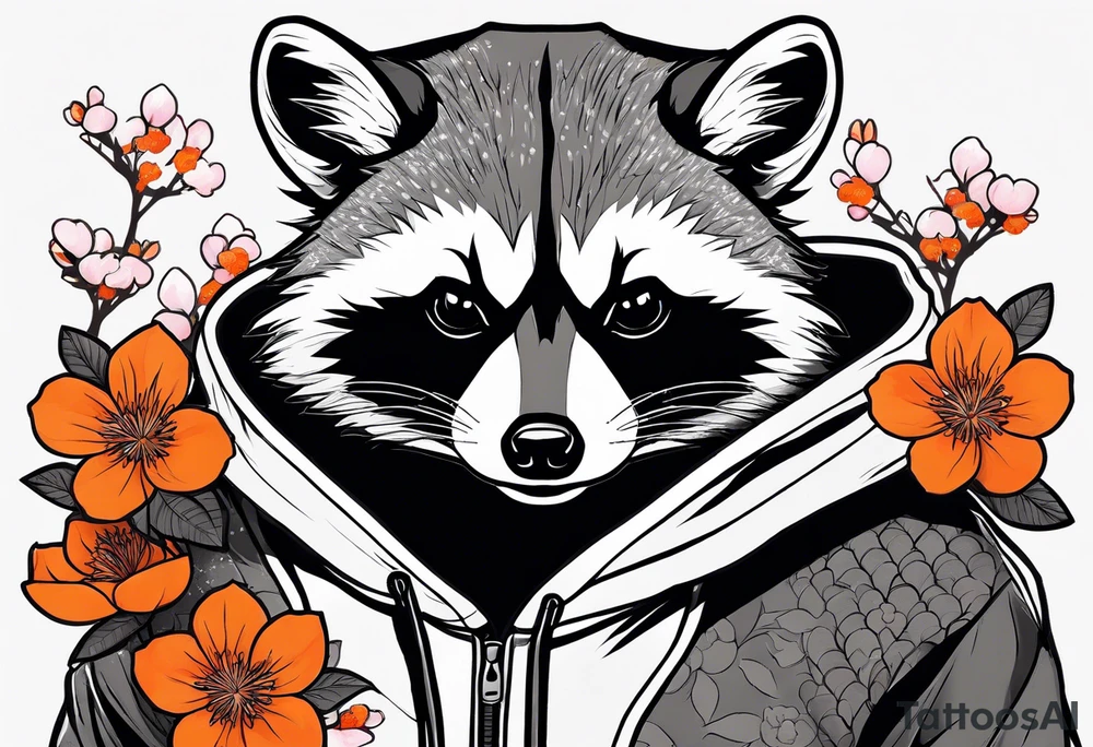 raccoon wearing a black and white Superman hoodie and orange Japanese cherry blossoms tattoo idea