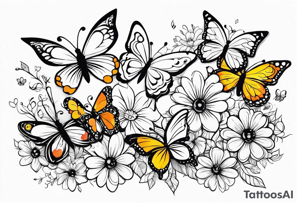 Butterflies flying around trail of flowers tattoo idea