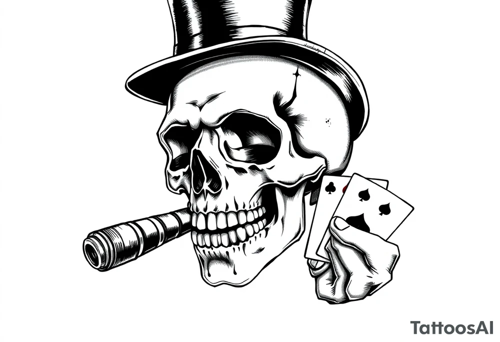 a skull with mustache, a big cigar in his mouth,top-hat on his head and playing cards in a hand. tattoo idea