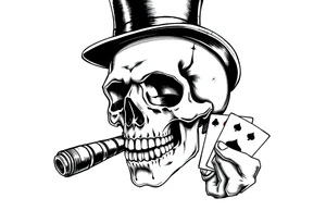 a skull with mustache, a big cigar in his mouth,top-hat on his head and playing cards in a hand. tattoo idea