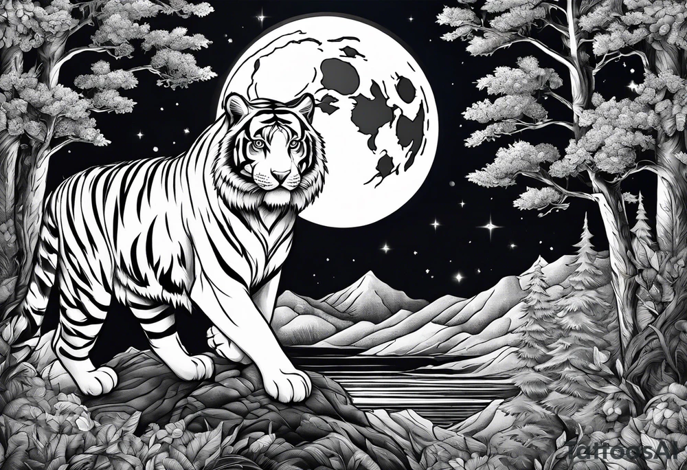 Tiger hunting flying owl full moon forest tattoo idea