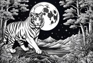 Tiger hunting flying owl full moon forest tattoo idea