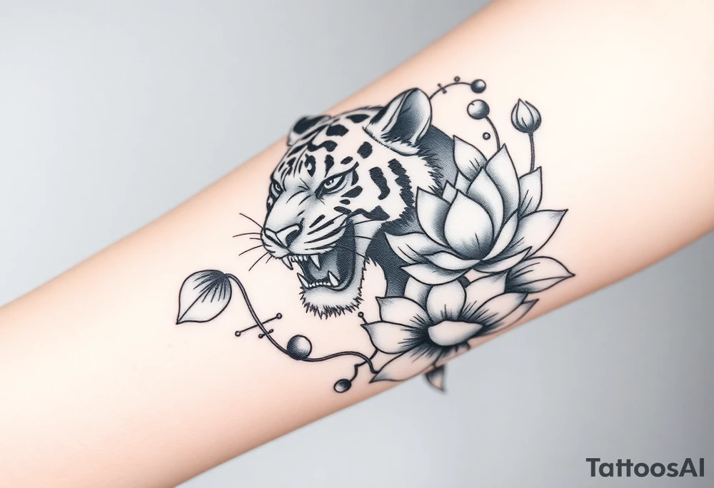 fierce tiger emerging through blooming lotus flowers in mist tattoo idea
