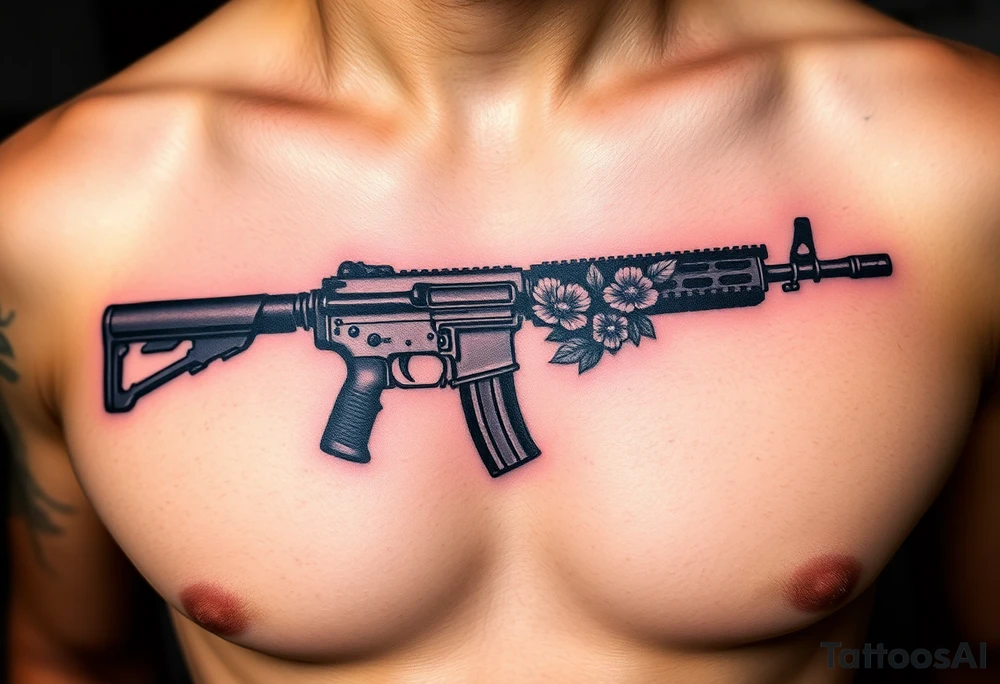 ak 47 black silhouette with floreal details tattoo idea