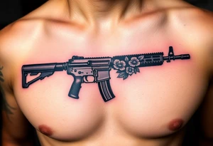 ak 47 black silhouette with floreal details tattoo idea