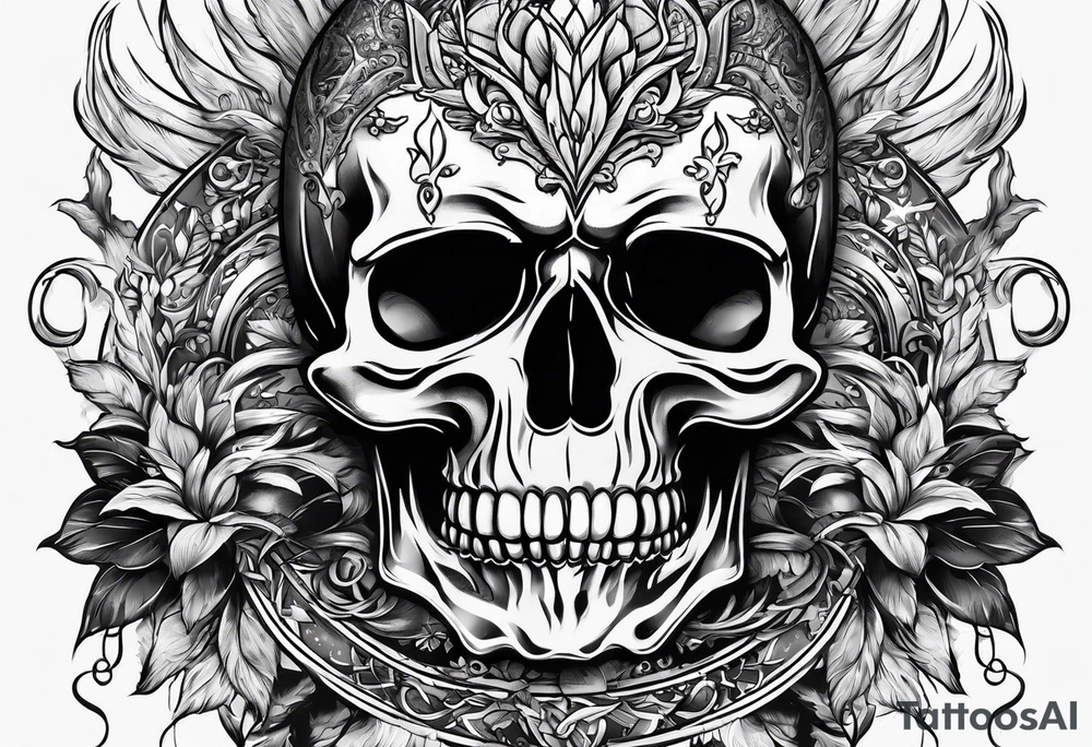 burning skull, stabbed by drumsticks tattoo idea