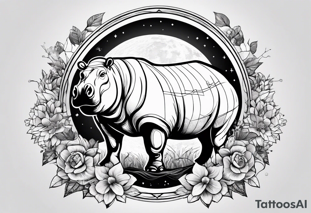 Hippo, flowers, moon, interstella, artic surreal,
Extreme fine lines, tribal, geometric, tattoo idea