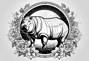 Hippo, flowers, moon, interstella, artic surreal, 
Extreme fine lines, tribal, geometric, tattoo idea