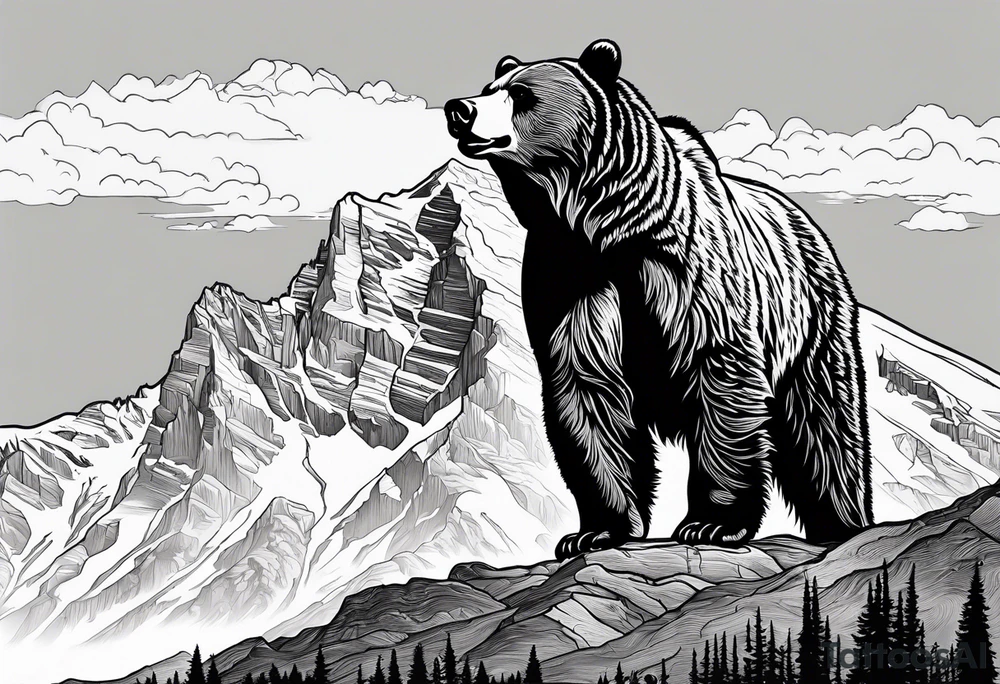 Grizzly bear line with grand Teton mountain tattoo idea