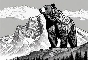 Grizzly bear line with grand Teton mountain tattoo idea