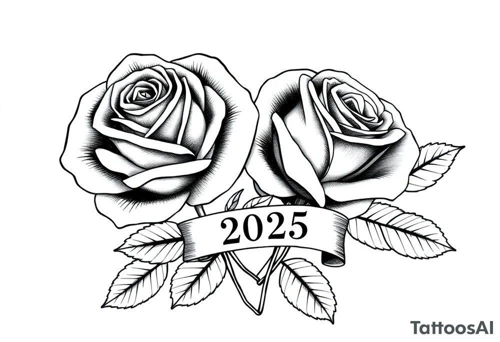 two beautiful large rose buds, one larger than the other, with lots and lots of leaves next to the rose buds, with one sitting slightly higher than the other, side-by-side.  Include a banner connecting the two roses with the year 2025 on it.   Use dark outlines with little shading. Remove all stems from the roses. tattoo idea
