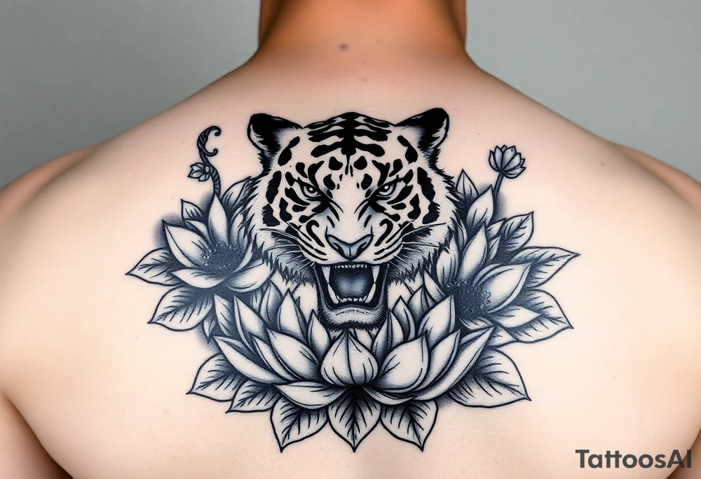 fierce tiger emerging through blooming lotus flowers in mist tattoo idea