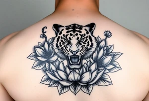 fierce tiger emerging through blooming lotus flowers in mist tattoo idea