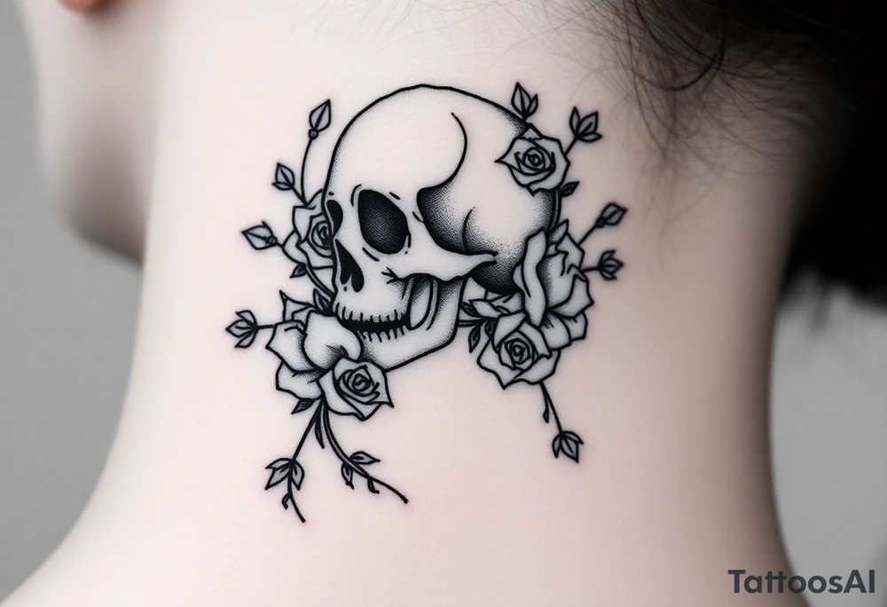 gothic skull intertwined with climbing roses and thorny vines tattoo idea