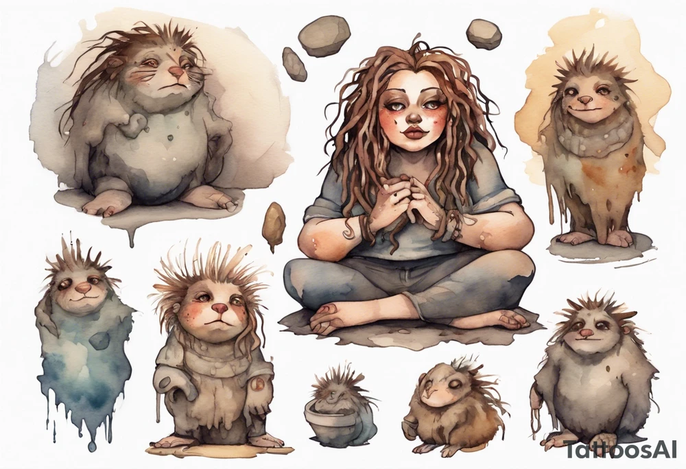 a plump mole woman with large eyes pale fur and messy brown dreadlocks sitting in a simple stone throne tattoo idea
