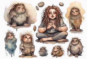 a plump mole woman with large eyes pale fur and messy brown dreadlocks sitting in a simple stone throne tattoo idea