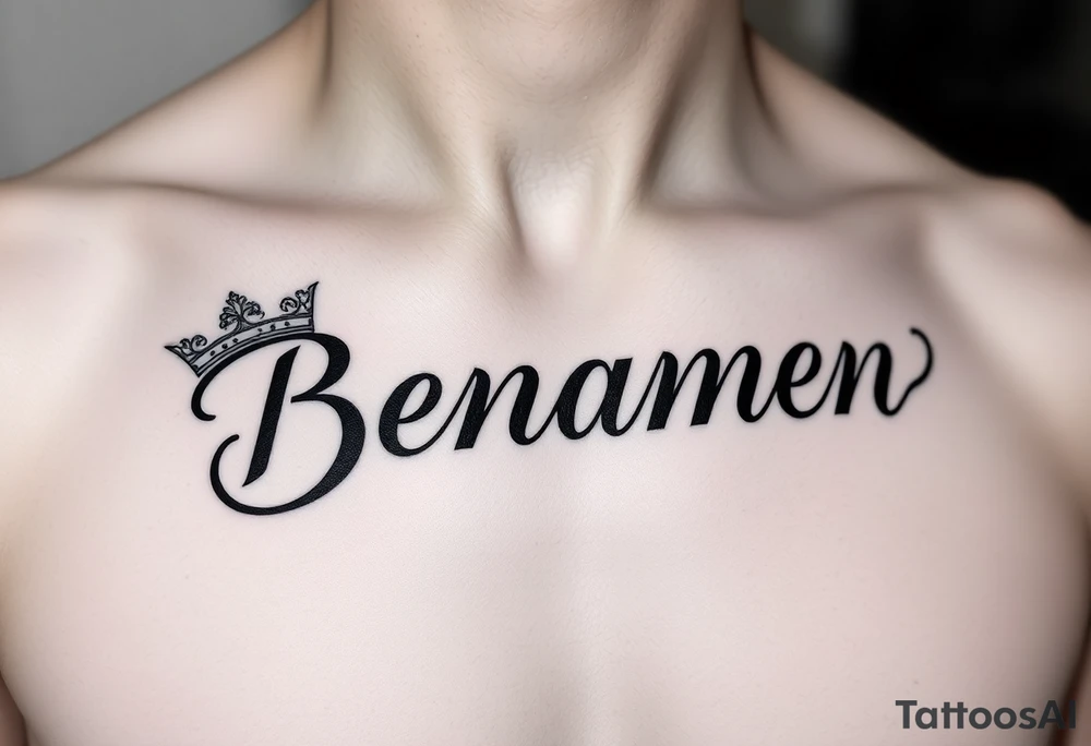 The name Benjamin with a kings crown at the front of the word, on the left side of a women’s chest above the heart  in cursive tattoo idea