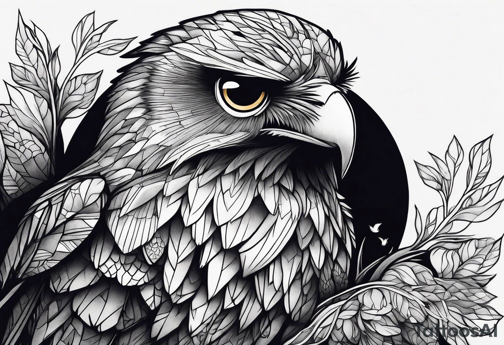 Owl, raven, eagle cuddled in a nest, birdseye view tattoo idea