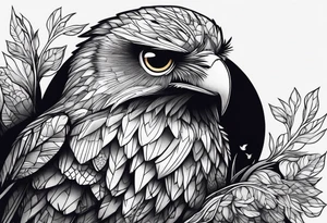 Owl, raven, eagle cuddled in a nest, birdseye view tattoo idea