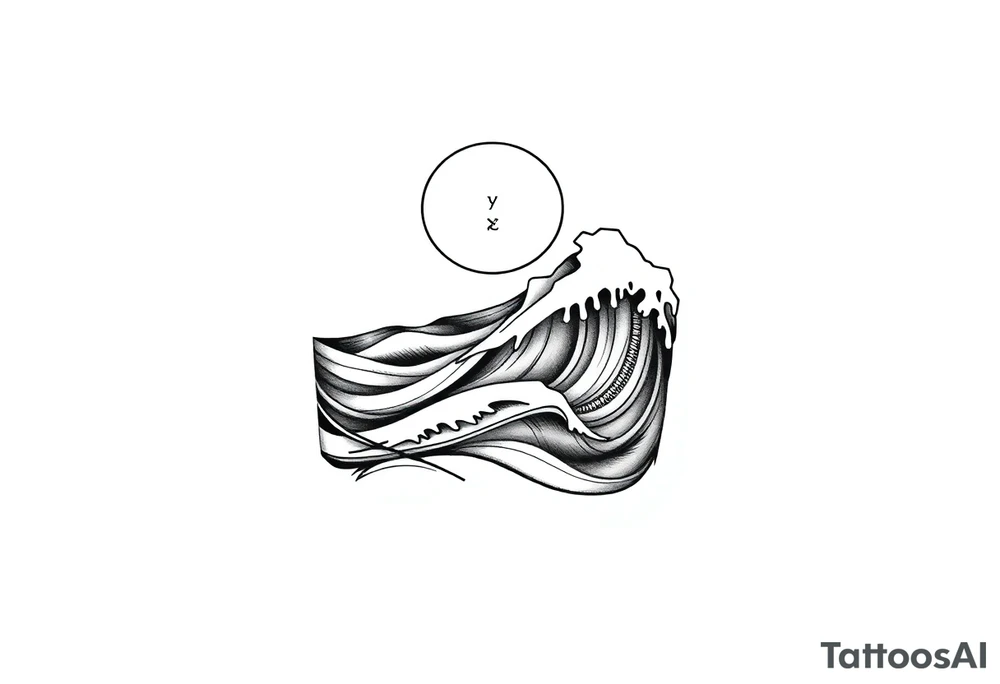 Wrap-around tattoo design, black and white line art. Stylized calm sea with flowing waves wrapping around the arm, horizon line extending seamlessly. Above the horizon, a glowing sun or moon integrated into the circular flow, with subtle Norse runes (Algiz, Raido) hidden in the light. Balanced, elegant, marine and mythological atmosphere. Clean outlines, high contrast, stencil-ready for forearm tattoo. tattoo idea