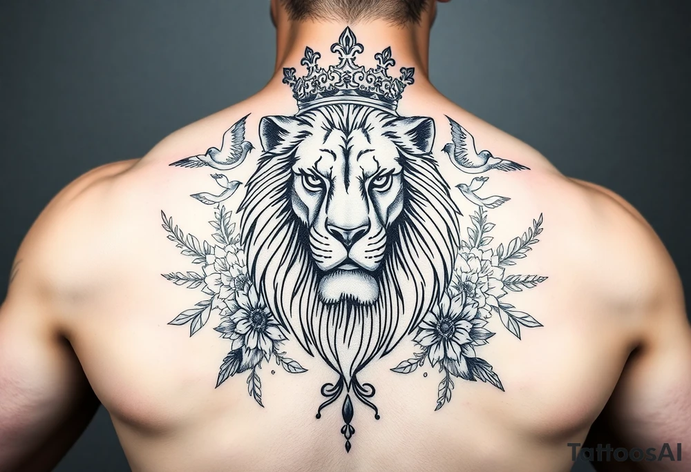 powerful majestic lion with a crown, surrounded by floral ornaments and birds tattoo idea