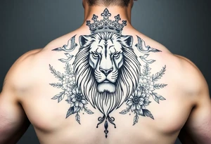 powerful majestic lion with a crown, surrounded by floral ornaments and birds tattoo idea