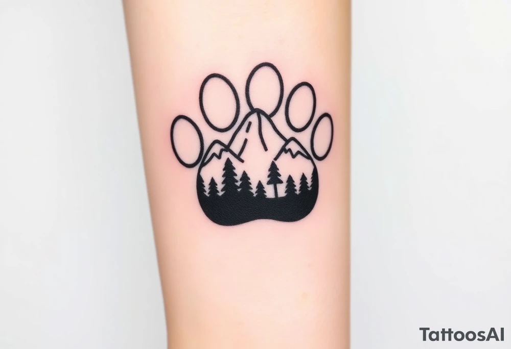Mountains and a forest inside a paw print silhouette, with a smooth transition between nature and the Paw Patrol emblem. tattoo idea