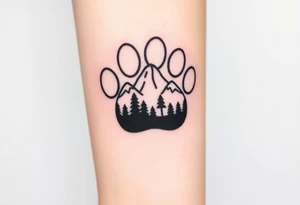 Mountains and a forest inside a paw print silhouette, with a smooth transition between nature and the Paw Patrol emblem. tattoo idea