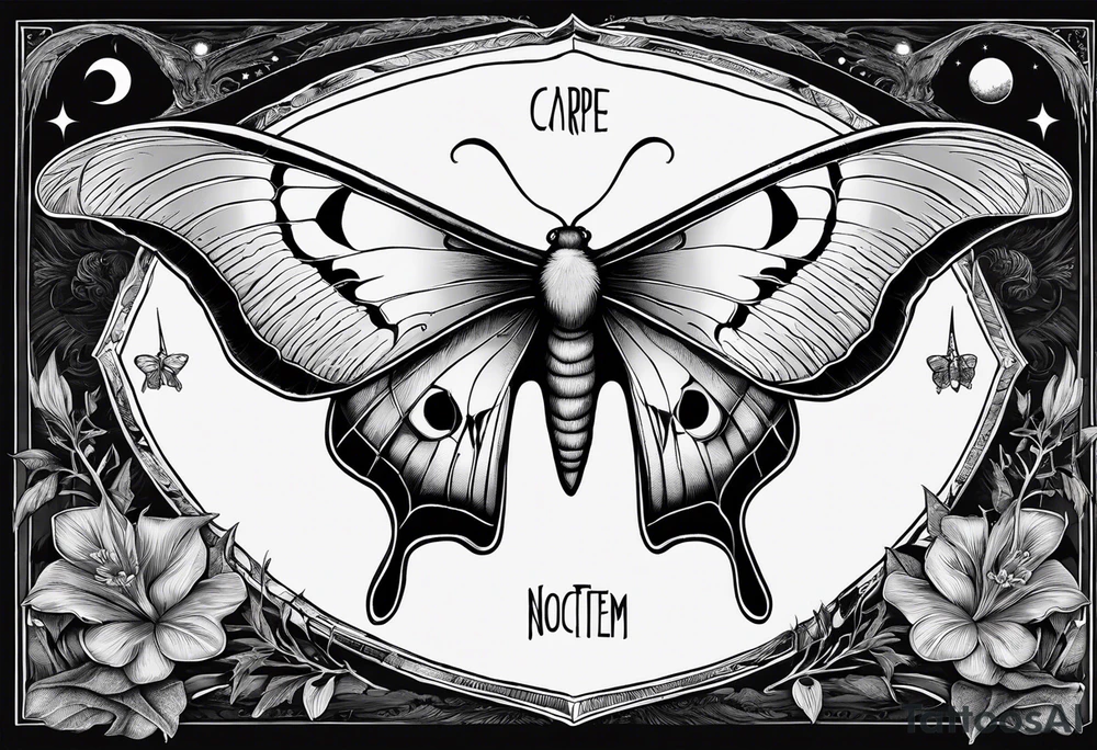 luna moth anatomically correct with each phase of the moon in order under the moth, and the words "carpe noctem" above it in sans serif font tattoo idea