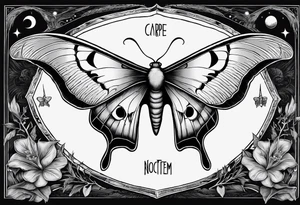 luna moth anatomically correct with each phase of the moon in order under the moth, and the words "carpe noctem" above it in sans serif font tattoo idea