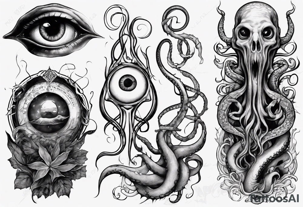 lovecraft long tattoo to put on the forearm, with eye and tentacle tattoo idea