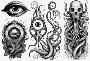 lovecraft long tattoo to put on the forearm, with eye and tentacle tattoo idea