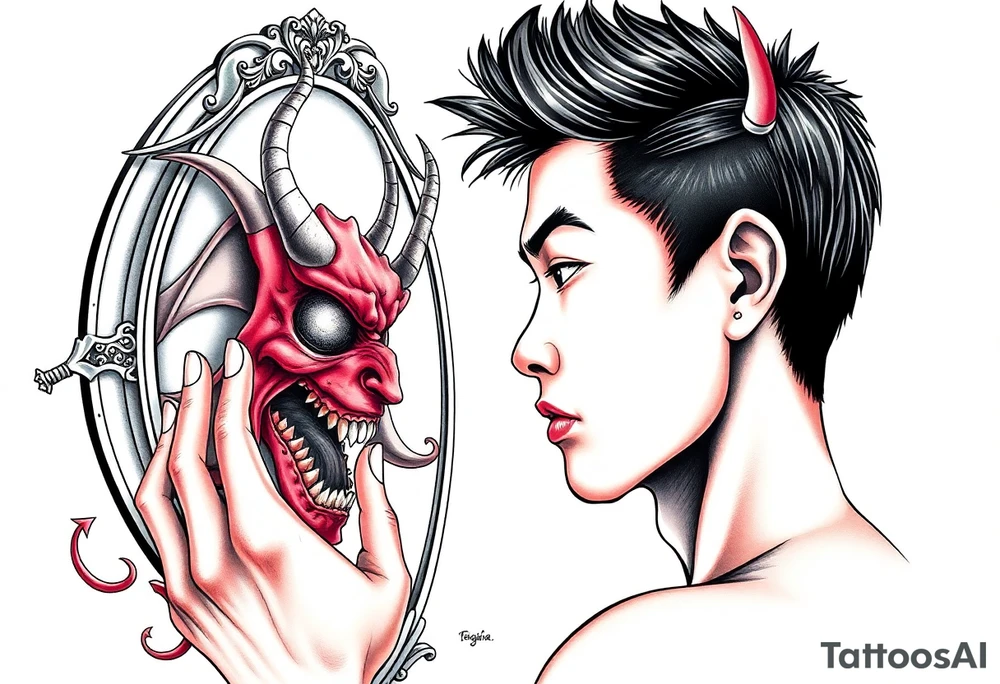 Handsome Asian young guy is looking in cursed mirror and see devil tattoo idea