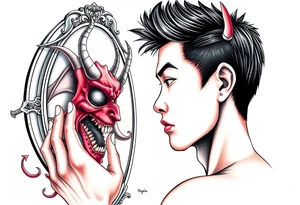 Handsome Asian young guy is looking in cursed mirror and see devil tattoo idea