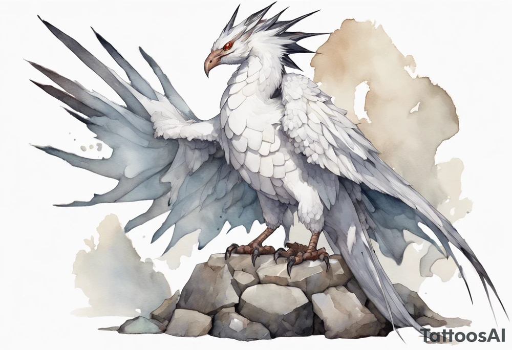 a white bird-wyvern hybrid, wearing a plain iron crown, perched on a stone tattoo idea