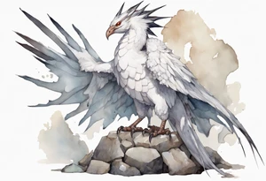 a white bird-wyvern hybrid, wearing a plain iron crown, perched on a stone tattoo idea