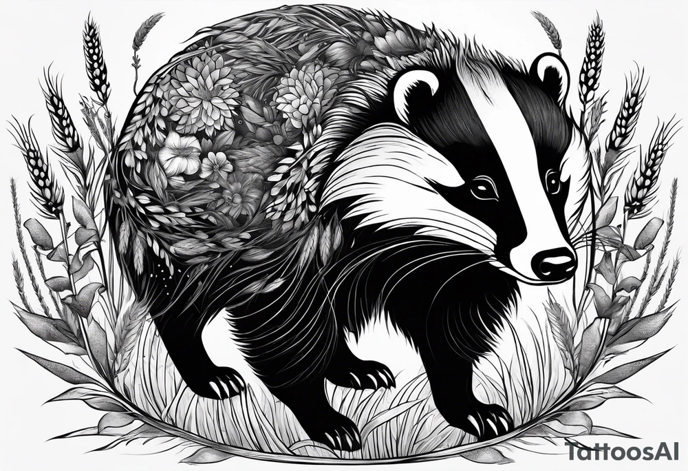 A trippy black and white tattoo of a badger, flowers, a field of wheat, forest and fractals tattoo idea