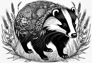 A trippy black and white tattoo of a badger, flowers, a field of wheat, forest and fractals tattoo idea